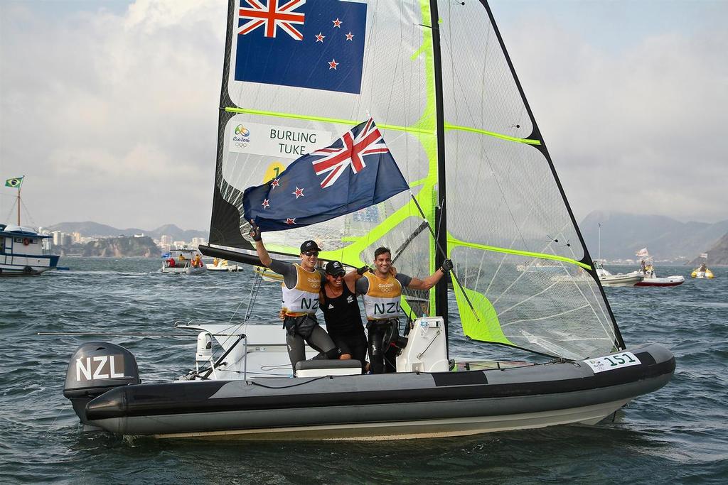 Peter Burling, Blair Tuke and Hamish Willcox (coach) - 49er Medal Race 2016 Olympics © Richard Gladwell www.photosport.co.nz